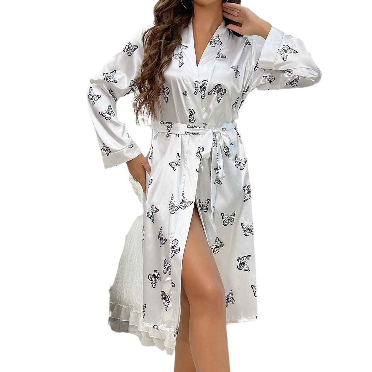 Womens Long Butterfly Print Silk Robes 100% Silk Bathrobe