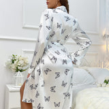 Womens Long Butterfly Print Silk Robes 100% Silk Bathrobe