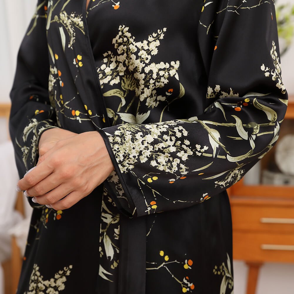 Womens Long Silk Robes Flower Print 100% Silk Bathrobe