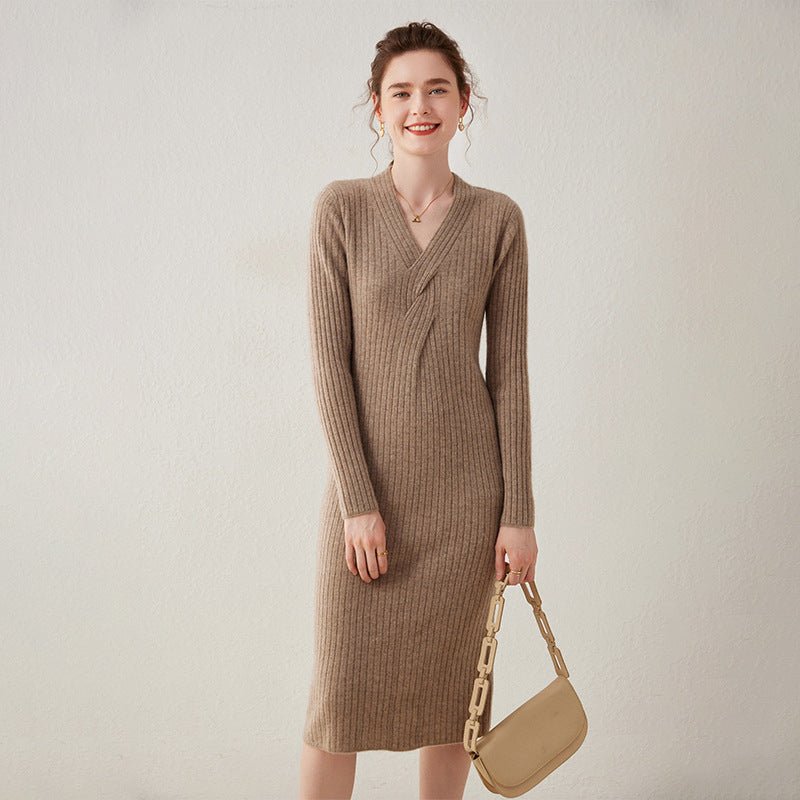 Womens Cashmere Ribbed Knit Midi Dress Long Sleeve V Neck Wrap Dress