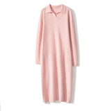 Womens Cashmere Knit Polo Dress Long Sleeve Midi Elegant Minimalist