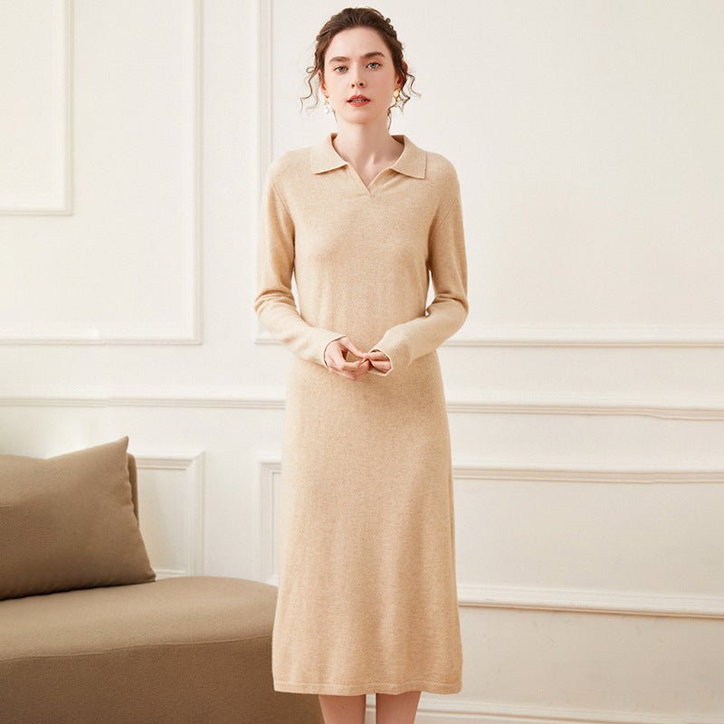 Womens Cashmere Knit Polo Dress Long Sleeve Midi Elegant Minimalist