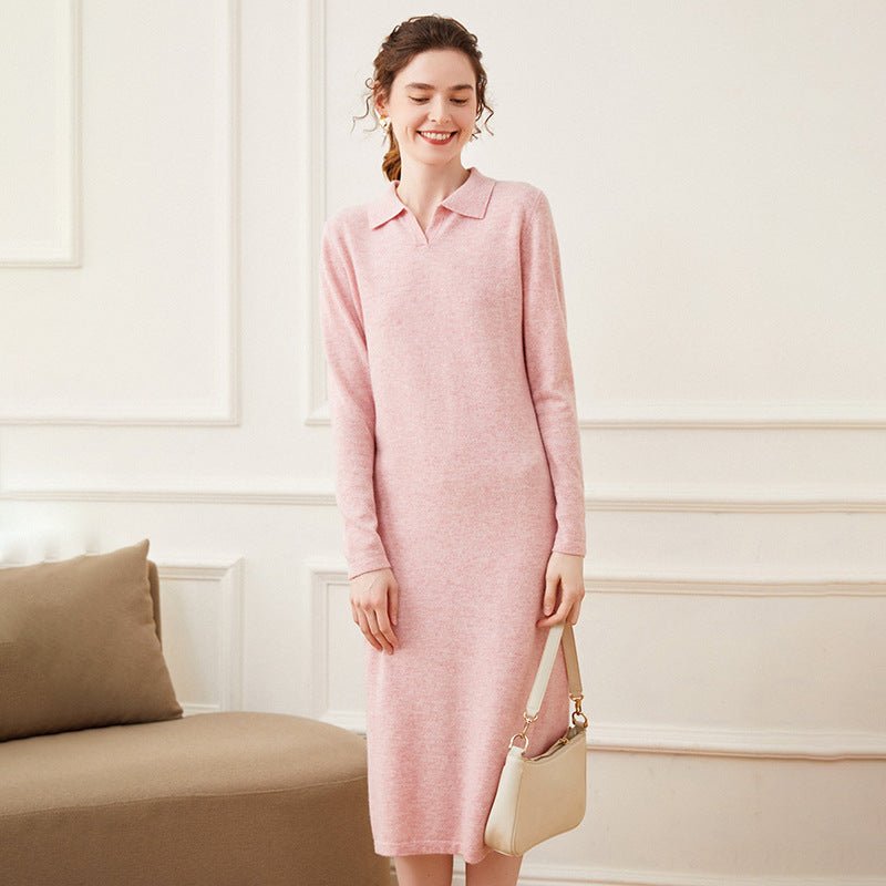 Womens Cashmere Knit Polo Dress Long Sleeve Midi Elegant Minimalist