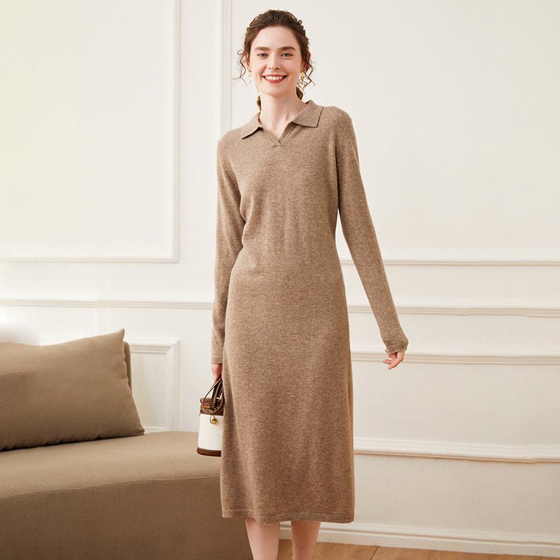 Womens Cashmere Knit Polo Dress Long Sleeve Midi Elegant Minimalist