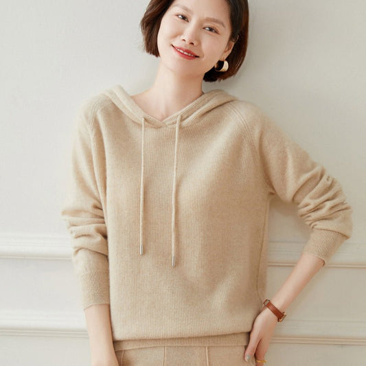 Women Long Sleeve Cashmere Hoodie Knit Cashmere Hoodie With Drawstring