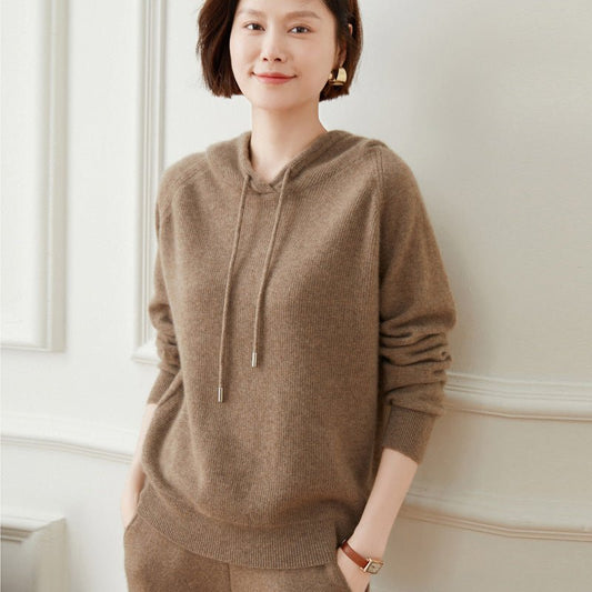 Women Long Sleeve Cashmere Hoodie Knit Cashmere Hoodie With Drawstring