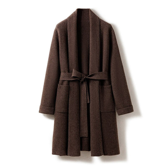 Womens Belted Shawl Collar Cashmere Coat Patch Pockets Long Cardigan