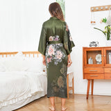 Olive Green Peony Print Floral Long 100% Silk Kimono Robe - slipintosoft