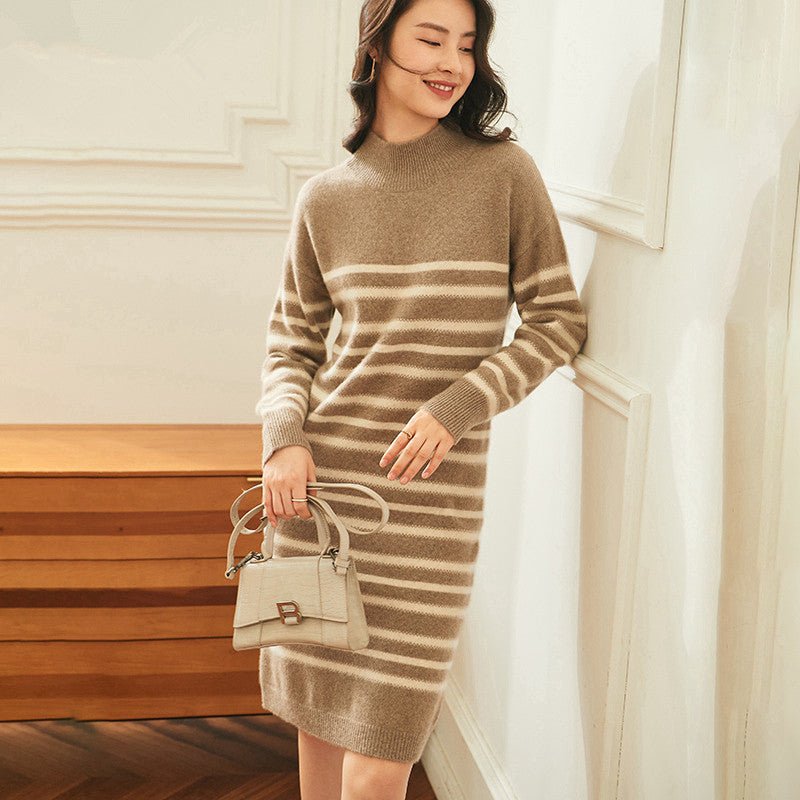 Womens Cashmere Striped Knit Sweater Dress Long Sleeve Mock Neck Dress