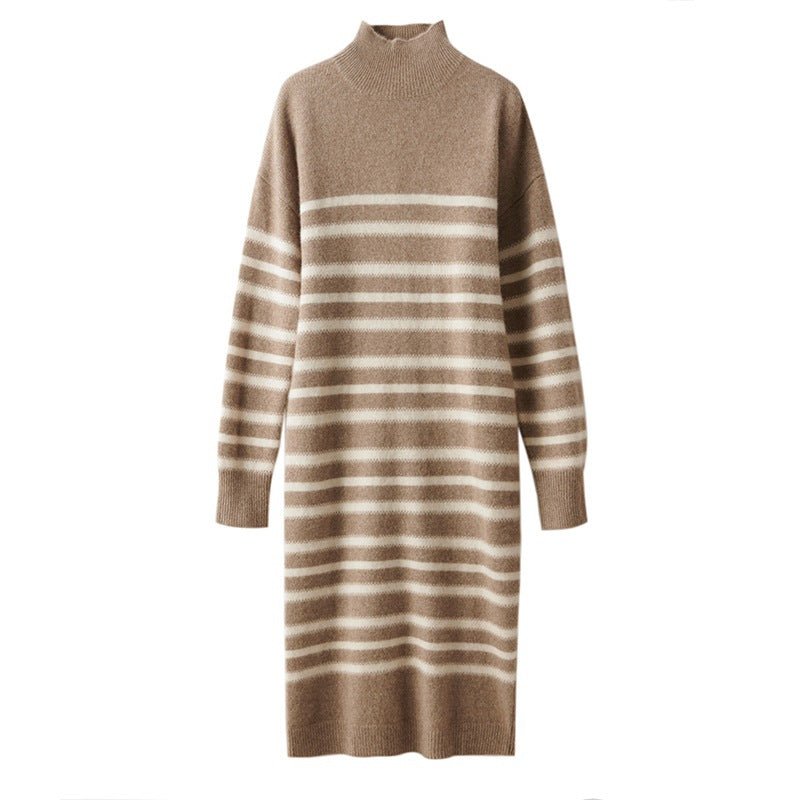 Womens Cashmere Striped Knit Sweater Dress Long Sleeve Mock Neck Dress