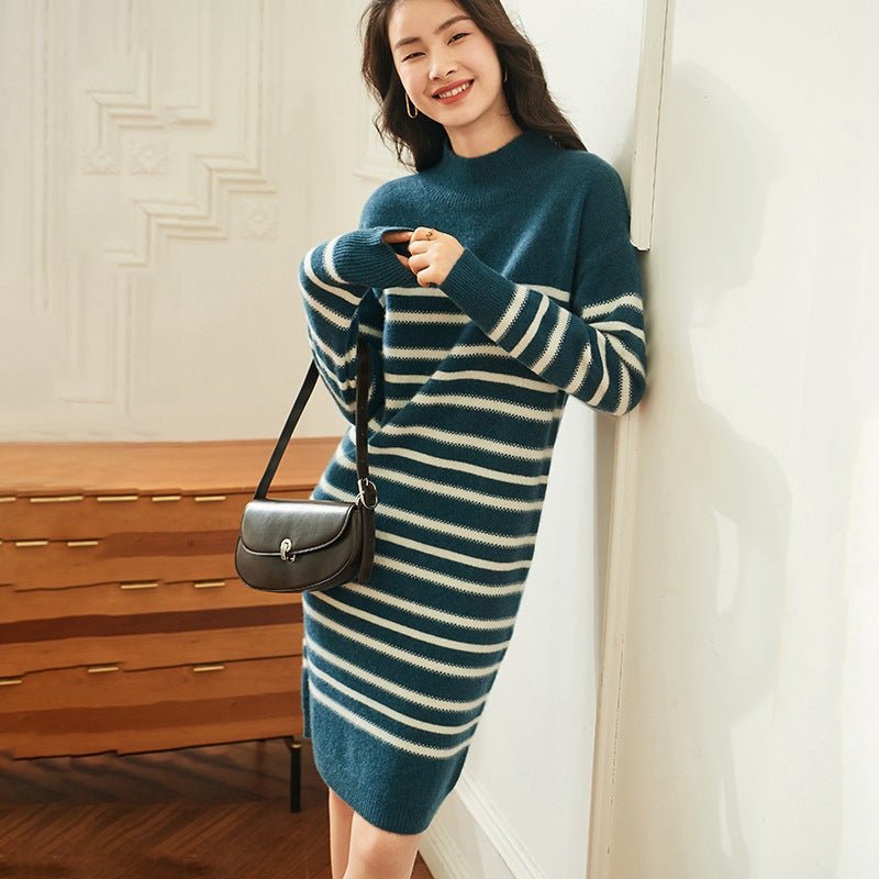 Womens Cashmere Striped Knit Sweater Dress Long Sleeve Mock Neck Dress