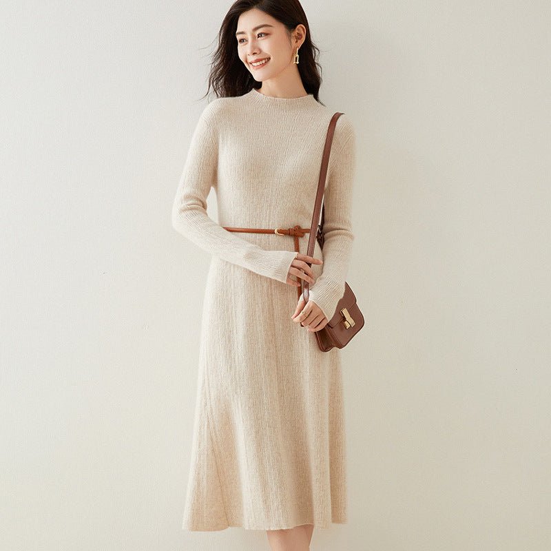 Womens Cashmere Ribbed Knit Midi Dress Long Sleeve Bodycon Mock Neck