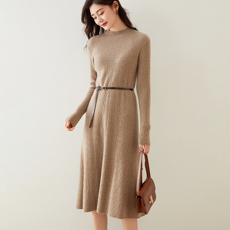 Womens Cashmere Ribbed Knit Midi Dress Long Sleeve Bodycon Mock Neck