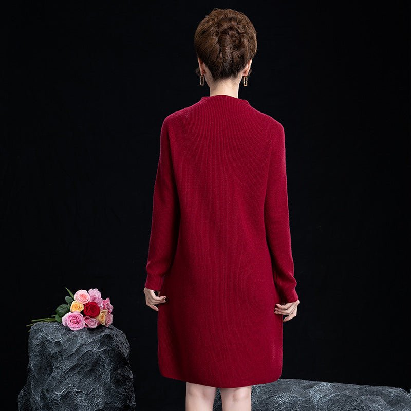 Womens Mock Neck Cashmere Dresses Tea Length Cashmere Sweater Dress - slipintosoft