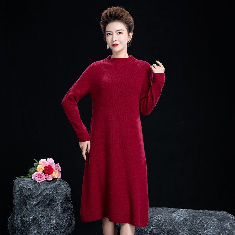 Womens Cashmere Knit Midi Dress Long Sleeve Mock Neck Cashmere Dress