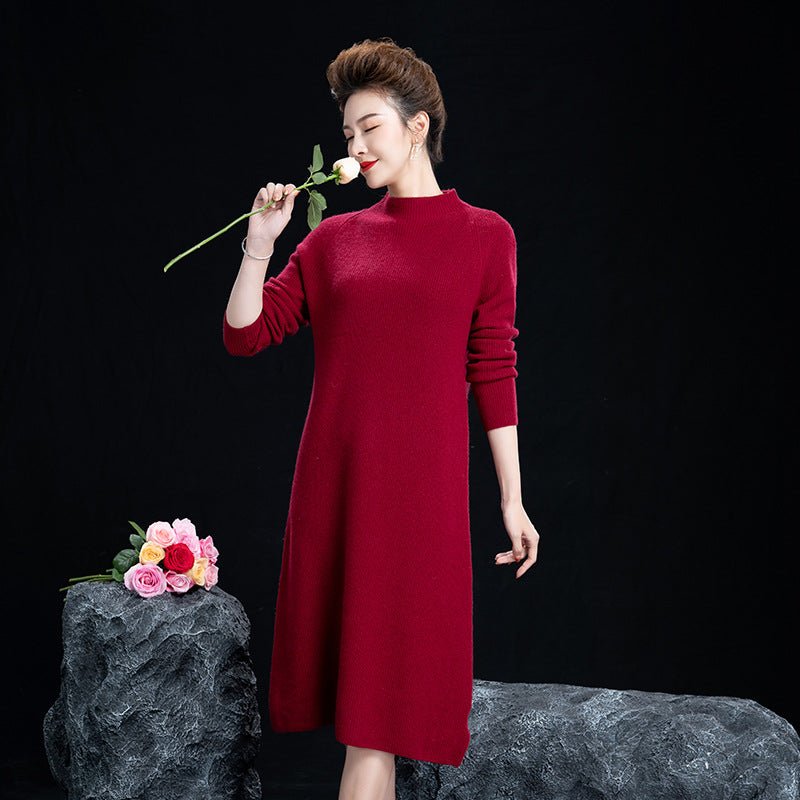 Womens Cashmere Knit Midi Dress Long Sleeve Mock Neck Cashmere Dress