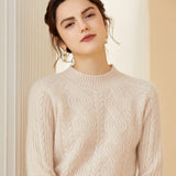 Womens Crew Neck Long Sleeve Cable Knit Cashmere Sweater