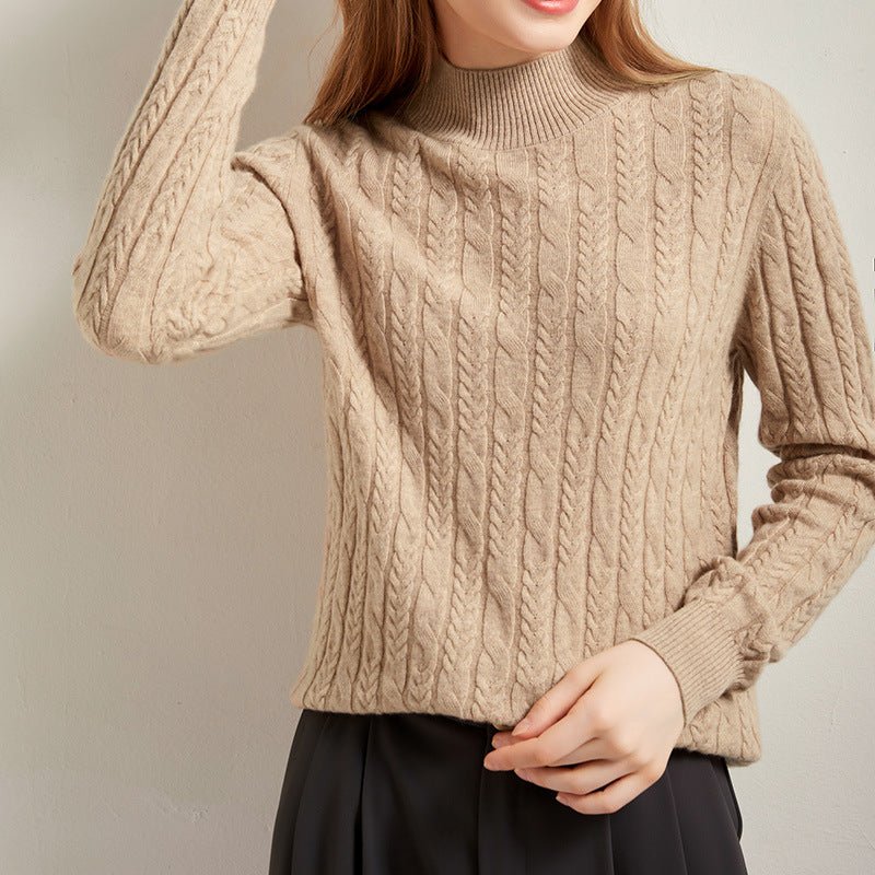 Womens Cable Knit Long Sleeve Mock Neck Cashmere Sweater