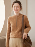 Women Cable Knit Cashmere Sweater Zip Collar Half Zip - up Cashmere Tops