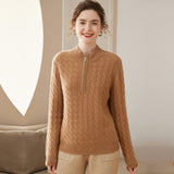 Women Cable Knit Cashmere Sweater Zip Collar Half Zip - up Cashmere Tops