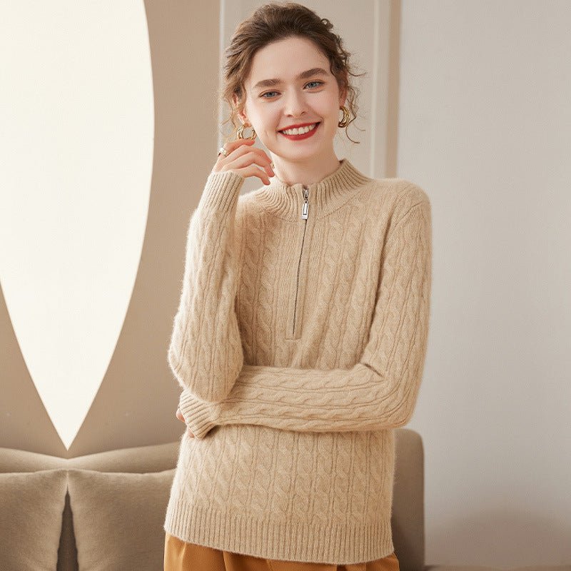 Women Cable Knit Cashmere Sweater Zip Collar Half Zip - up Cashmere Tops