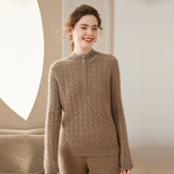 Women Cable Knit Cashmere Sweater Zip Collar Half Zip - up Cashmere Tops