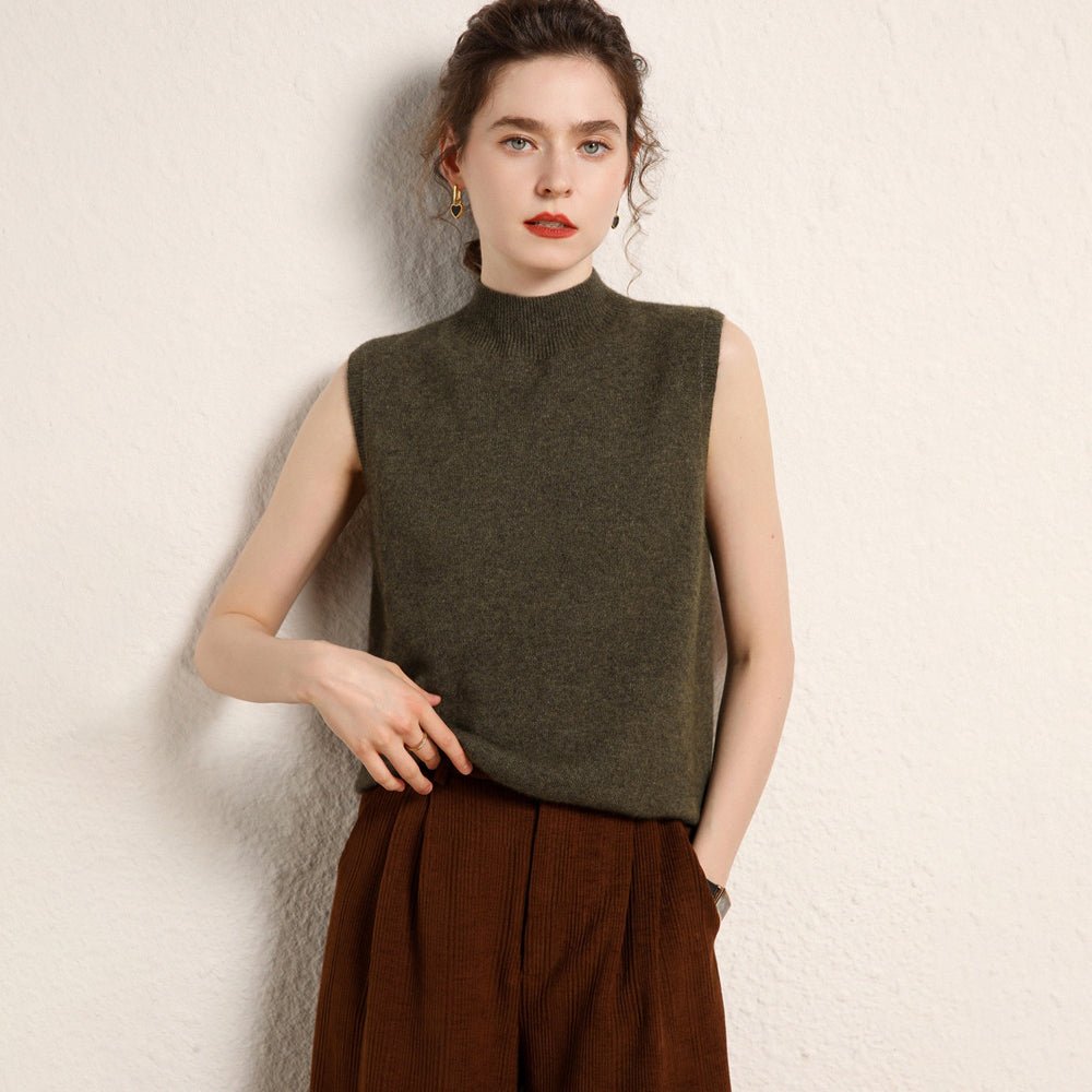 Womens Mock Neck Cashmere Sweater Vest Sleeveless Cashmere Knit Top Green XS