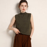 Womens Mock Neck Cashmere Sweater Vest Sleeveless Cashmere Knit Top Green XS