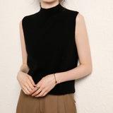 Womens Mock Neck Cashmere Sweater Vest Sleeveless Cashmere Knit Top Black XS