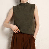 Womens Mock Neck Cashmere Sweater Vest Sleeveless Cashmere Knit Top Green XS