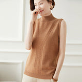 Womens Mock Neck Sleeveless Cashmere Vest With Cable Knit Detailing