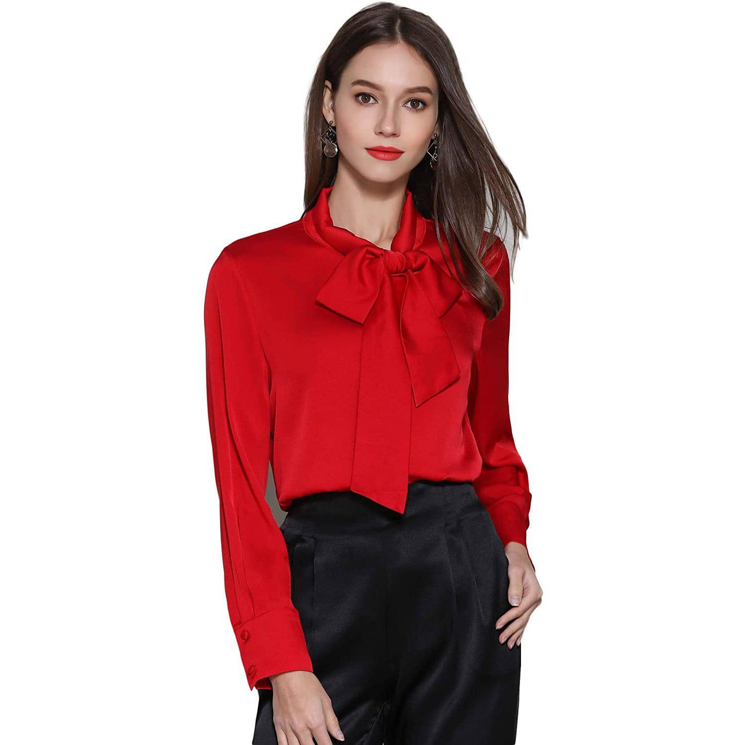 Womens Silk Blouse Long Sleeve Silk Lady Shirt Blouse Tops