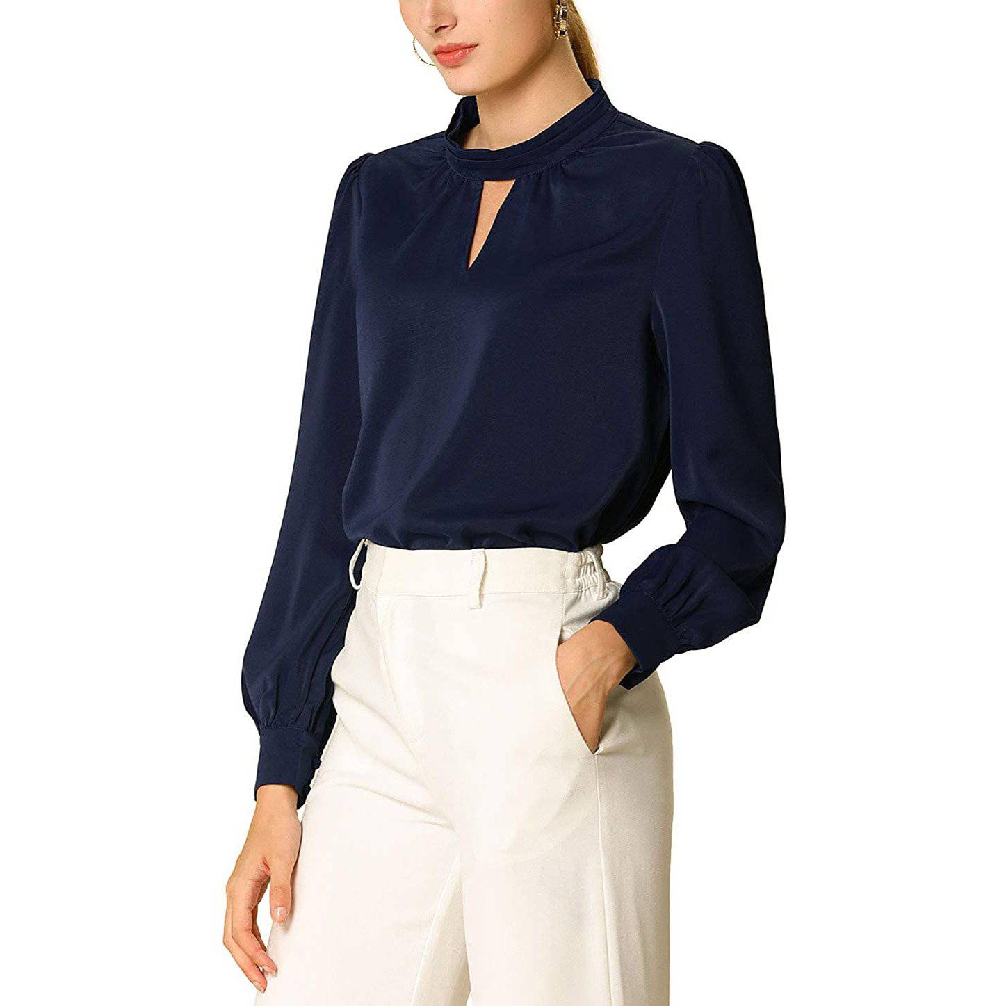 Women's Office Silk Shirt Keyhole Elegant Stand Collar Long Sleeve Silk Blouses - slipintosoft