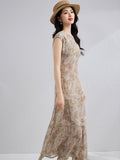 Womens Paisley Print Silk Maxi Dress Cap Sleeve Long Silk Dress Brown XS