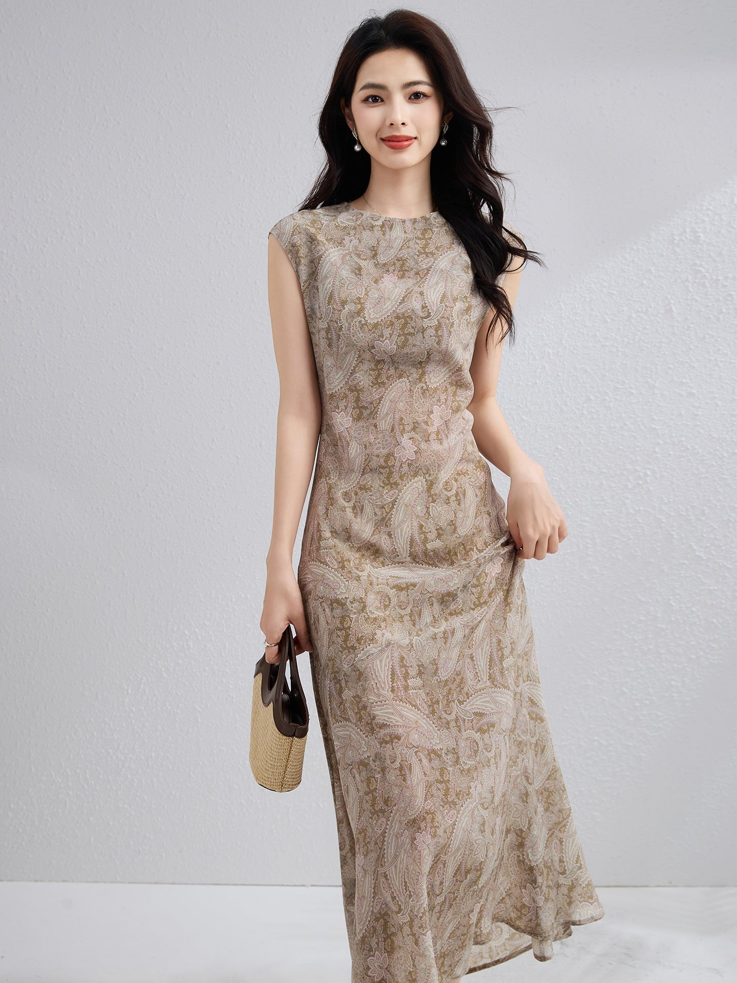 Womens Paisley Print Silk Maxi Dress Cap Sleeve Long Silk Dress Brown XS