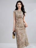 Womens Paisley Print Silk Maxi Dress Cap Sleeve Long Silk Dress Brown XS