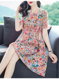 Womens Pink Floral Silk Mini Dress Tiered Ruffle Loose Silk Dress