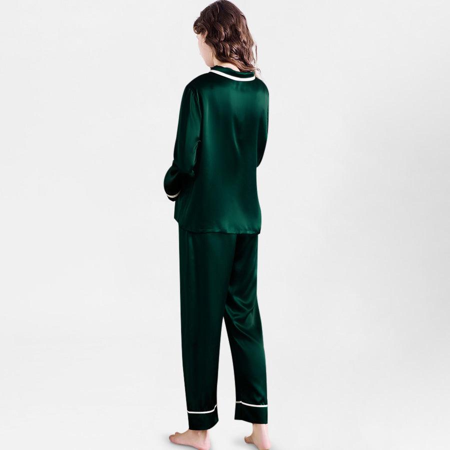 Women's Piped Dark Green Long Silk Pajamas Set