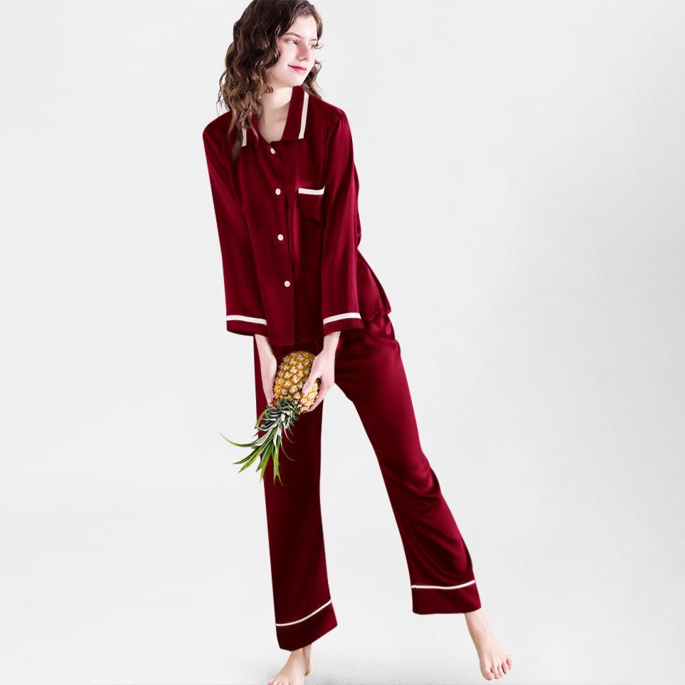 Women's Piped Dark Green Long Silk Pajamas Set