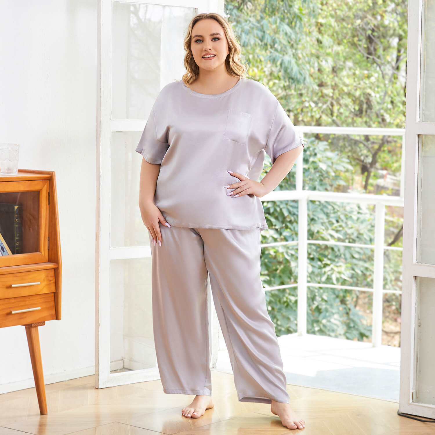 Women's Plus Size Silk Sleepwear Short Sleeve Silk Pajamas