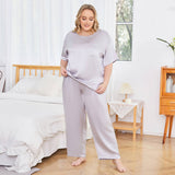 Plus Size Women's Silk Pajamas Set Short Sleeve Long Pants Silk Sleepwear - slipintosoft