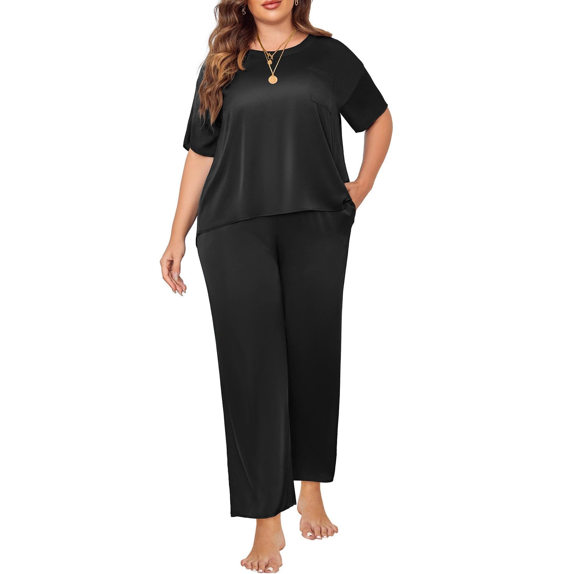 Women's Plus Size Silk Sleepwear Short Sleeve Silk Pajamas