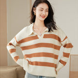 Women's Polo Cashmere Sweater Wide Striped Drop Shoulder Pullover Tops - slipintosoft