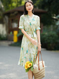 Womens Puff Sleeve Silk Floral Dress Silk Wrap Midi Dress with Waist Tie Green XS