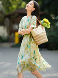 Womens Puff Sleeve Silk Floral Dress Silk Wrap Midi Dress with Waist Tie Green XS