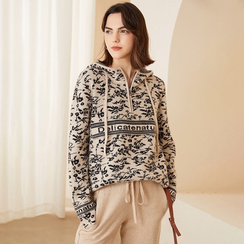 Women Pure Cashmere Hoodie Half - Zip Jacquard Drawstring Cashmere Hoody