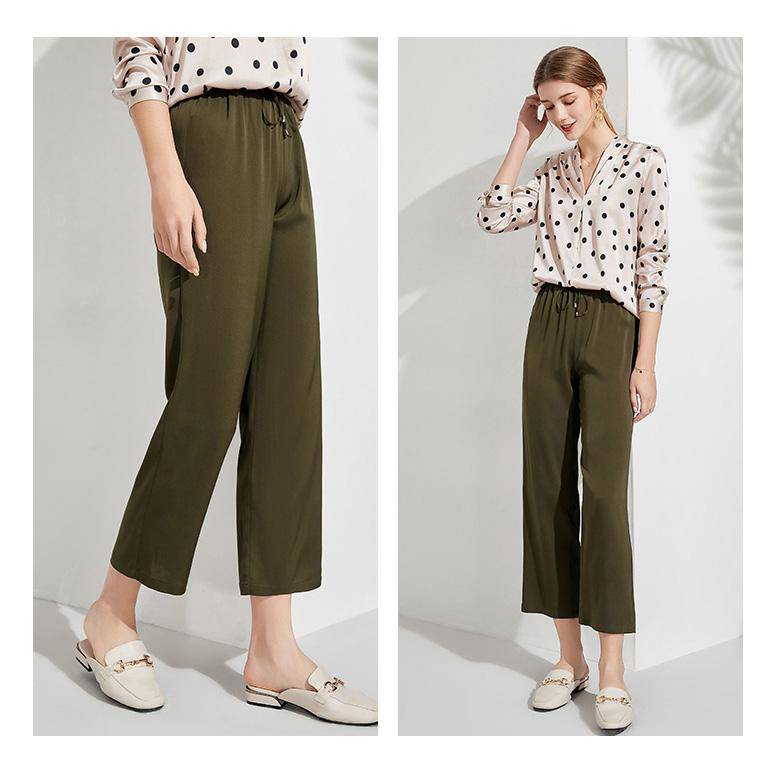 Women Silk cropped pants Long Wide-leg Mulberry Silk trousers - slipintosoft