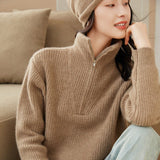 Womens Rib - Knit Cashmere Sweater Half Zip - up Cashmere Pullover Tops