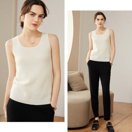 Women's Ribbed Knit Scoop Neck Sleeveless Cashmere Vest U - Neck Cashmere Tank