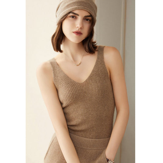 Womens Ribbed Knit V - Neck Sleeveless Cashmere Vest Cashmere Tank